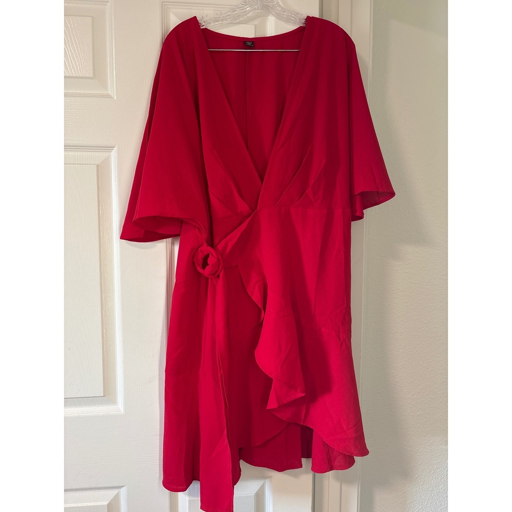 SHEIN Curve Wrap Dress Womens 2XL Red Excellent Ruffle Flutter Sleeve Mini